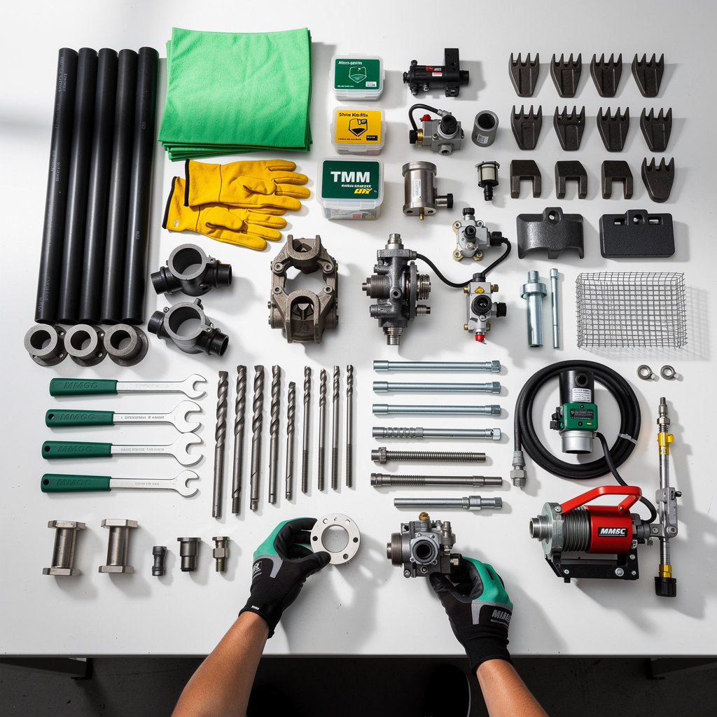 MMGD Holdings mining components and spares catalog featuring HDPE pipe, TMM parts, drilling tools, and earthmoving equipment for Rustenburg mining operations